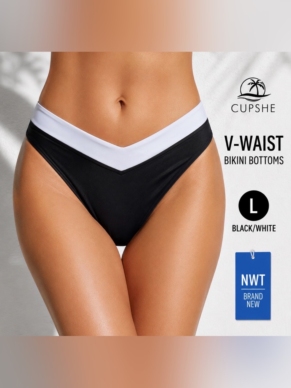 Cupshe Bikini Bottoms Womens L Black White High Cut V Waist NWT Swim NEW Beach